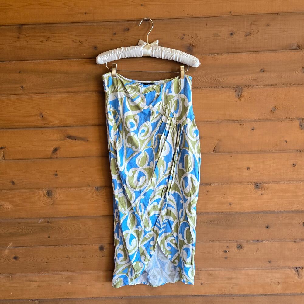 Zara Skirt Midi Printed Linen Resort Wear Sarong Linen High Gathered Waist Large - Picture 2 of 4